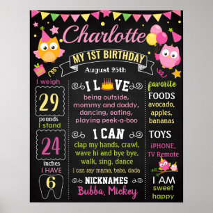 Owl rosa Chalkboard-Zeichen zum ersten Geburtstag Poster