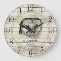 Owl Rustic Light Wood Family Name Large Clock