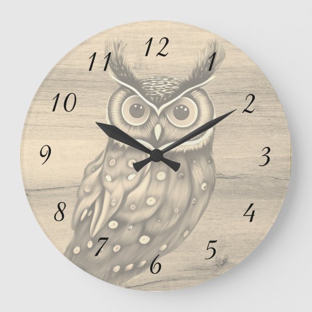 Owl Sepia Beige Wood Rustic Numbers Große Wanduhr (Vorderseite)