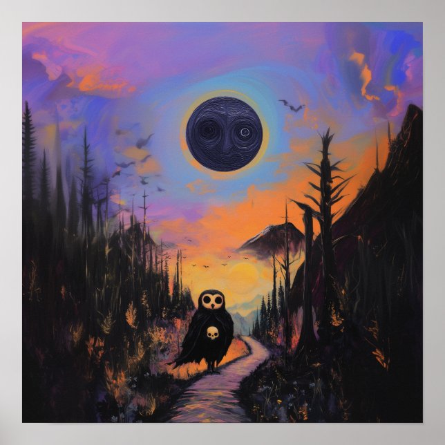 Owl Skull Black Moon Witchy AI Art Matt Value Poster (Vorne)