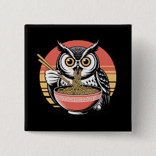 Owl Slurping Ramen Japanisch Ukiyo-e Vintag Style Button