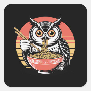 Owl Slurping Ramen Japanisch Ukiyo-e Vintag Style Quadratischer Aufkleber