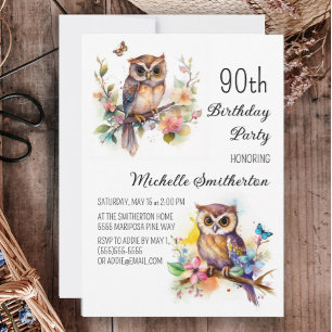 Owl Spring Blumen Schmetterlinge 90. Geburtstag Einladung
