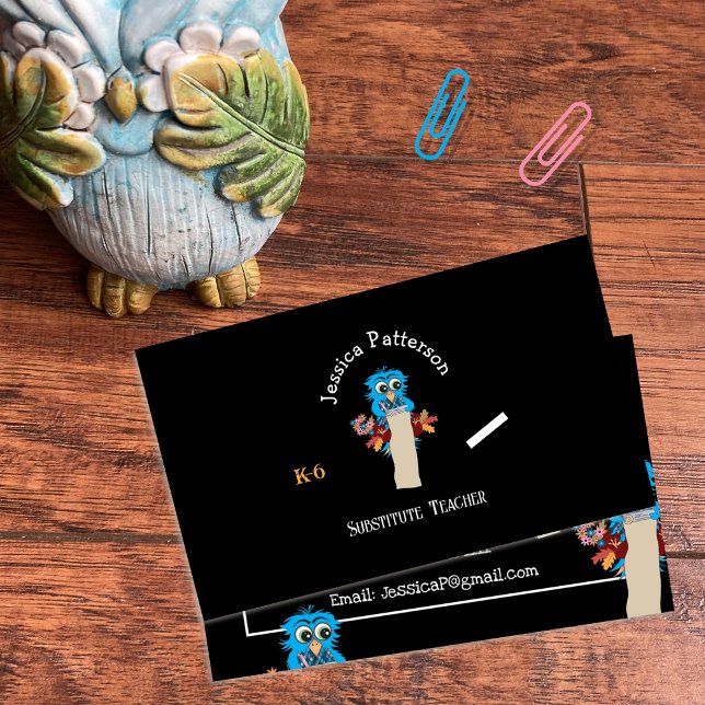 Owl Substitute Teacher Black Contact Cards Visitenkarte (Blue owl substitute teacher standard horizontal business cards )