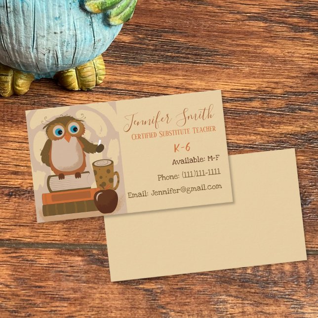Owl Substitution Teacher Standard Business Cards Visitenkarte (Cute educator contact cards .)