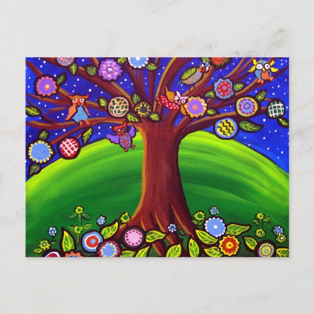 Owl Tree Fun Folk Postkarte (Vorderseite)