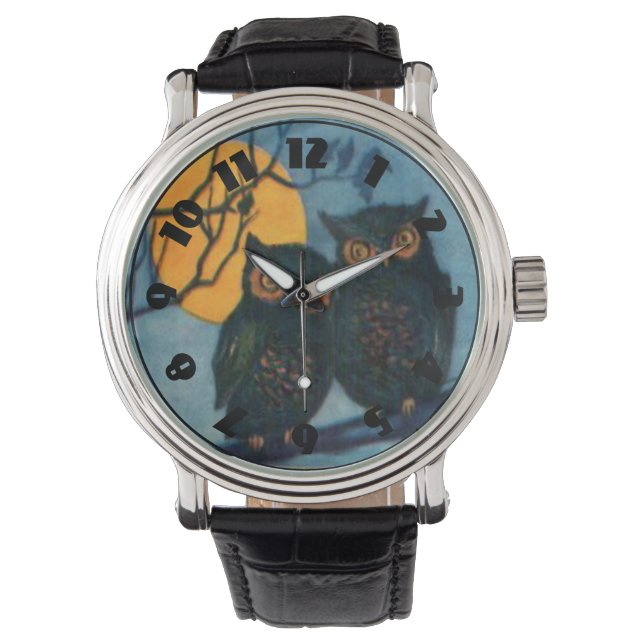 Owl Tree Night Full Moon Halloween Armbanduhr (Vorderseite)