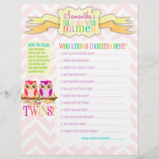 Owl Twin Girls "Baby Shower Games" Aktivitätsblatt