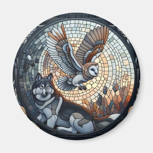 Owl und Wolf Mosaic Ai Art Magnet (Vorne)