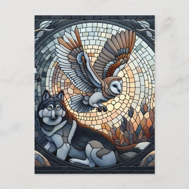 Owl und Wolf Mosaic Ai Art Postkarte (Vorderseite)