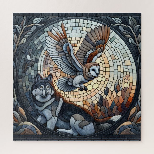 Owl und Wolf Mosaic Ai Art Puzzle (Vertikal)