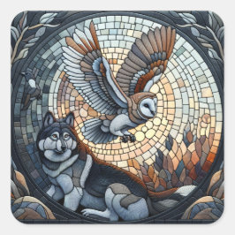 Owl und Wolf Mosaic Ai Art Quadratischer Aufkleber