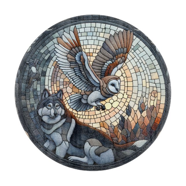 Owl und Wolf Mosaic Ai Art Schneidebrett (Vorderseite)