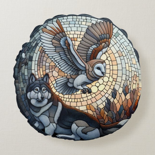 Owl und Wolf Mosaik Naturei Kunst Rundes Kissen (Vorderseite)