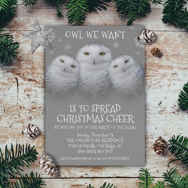 Owl Wir Wollte Weihnachts-Cheer Snowy Owls Einladung (Owl We Want to Spread Christmas Cheer Holiday Party Invitation Cover Photo)