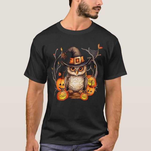 Owl Witch Hat Pumpkin Spooky Halloween Kids Men Wo T-Shirt (Vorderseite)