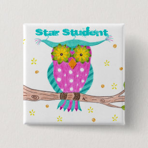 Owl with flowery eyes button