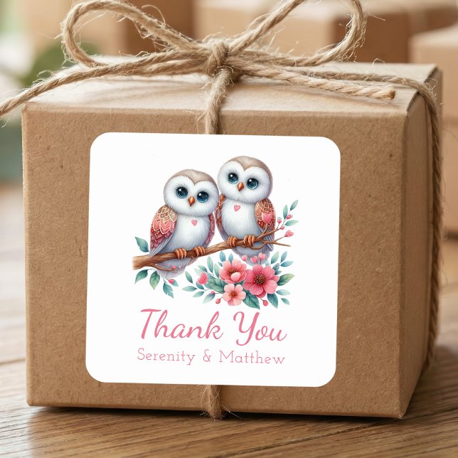 Owl Woodland Boho Country Wedding Thank You  Quadratischer Aufkleber (Von Creator hochgeladen)