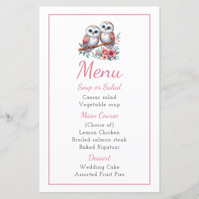 Owl Woodland Boho Rustic Country Wedding Menu (Vorderseite)
