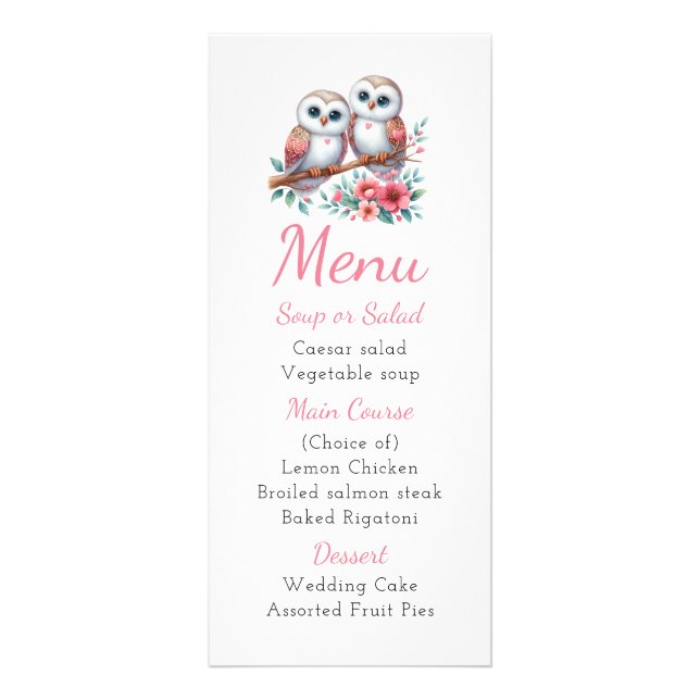 Owl Woodland Boho Rustic Country Wedding Menu Werbekarte (Vorne)