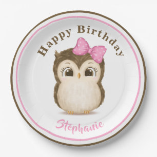Owl Woodland Wasserfarbe Rosa Geburtsname Pappteller