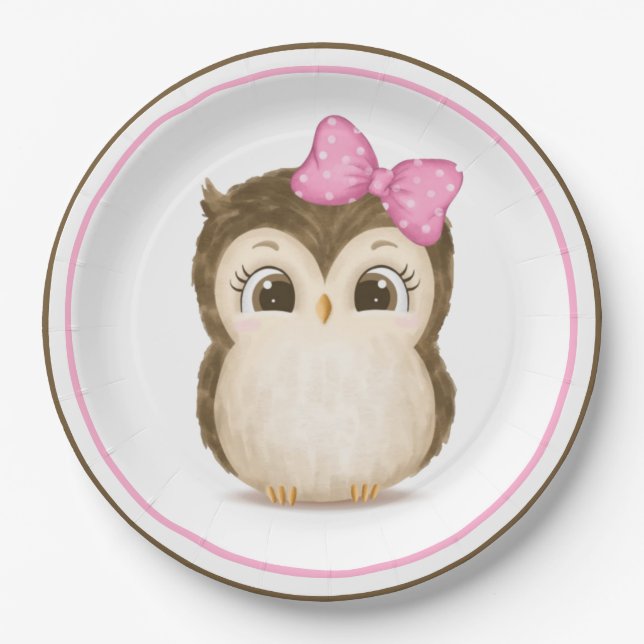 Owl Woodland Wasserfarbe Rosa Pappteller (Vorderseite)