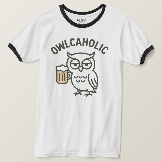 Owlcaholischer Owl Beer Lover Ringer T - Shirt (Design vorne)