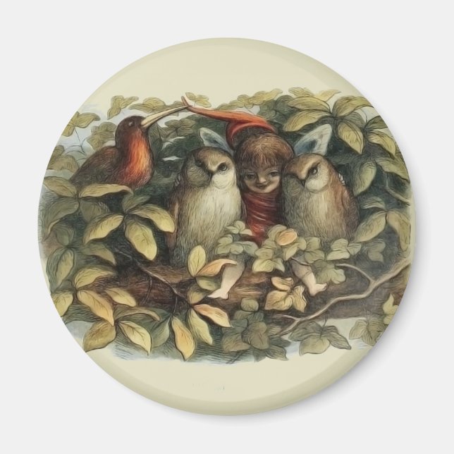 Owls and Elf Fairies Nature Rich Illustration Magnet (Vorne)