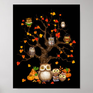 Owls Blätter Tree Herbst Kürbiskürbis Halloween Ow Poster