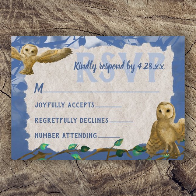 Owls, Blue & Beige Bar Mitzvah RSVP Card Hinweiskarte (Rustic blue beige brown owl forest bar mitzvah rsvp card, reply card, respond blue rsvp)