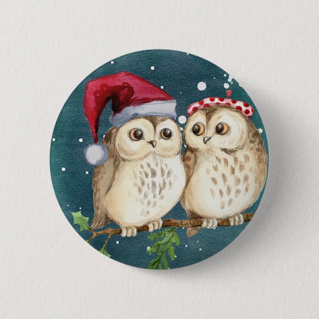 Owls Christmas Eve Night Santa Red Hat Button (Vorderseite)