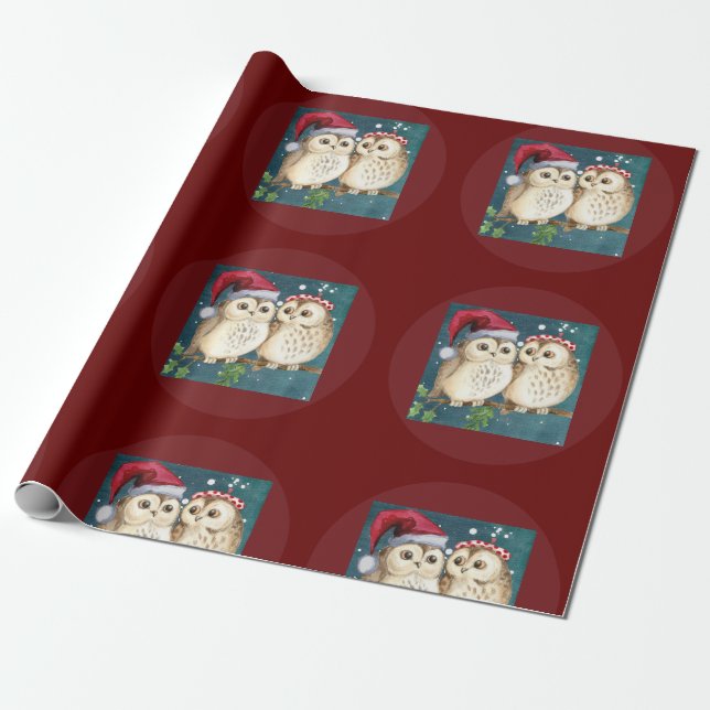 Owls Christmas Eve Night Santa Red Hat Geschenkpapier (Ungerollt)