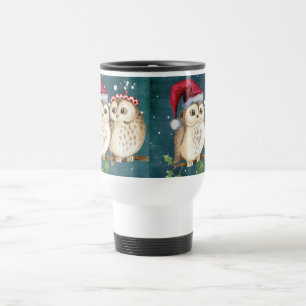 Owls Christmas Eve Night Santa Red Hat Reisebecher