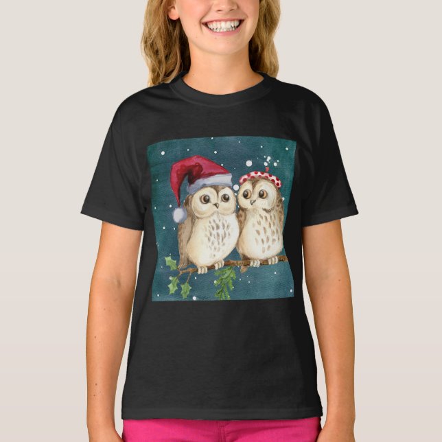 Owls Christmas Eve Night Santa Red Hat T-Shirt (Vorderseite)