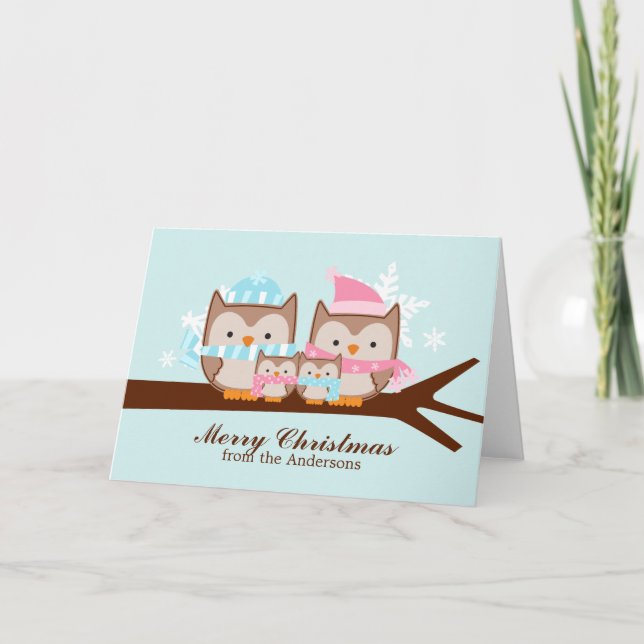 Owls Family Weihnachtskarten Feiertagskarte (Vorderseite)