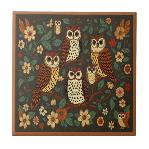 Owls Forest Animals Earthy Tones Rustic Boho Fliese