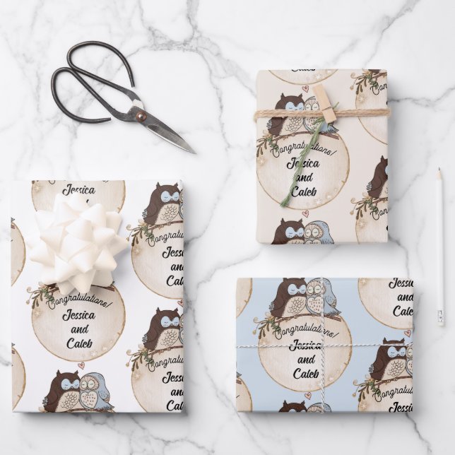 Owls Hochzeit Glückwunsch Namen Niedlich 3 hinzufü Geschenkpapier Set (Vorderseite)