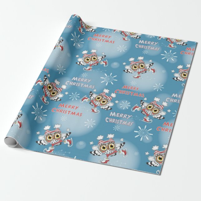 Owls Ice Skaten Weihnachtsmuster Geschenkpapier (Ungerollt)