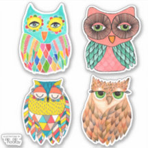 Owls Illustration Art Vinyl Sticker Set
