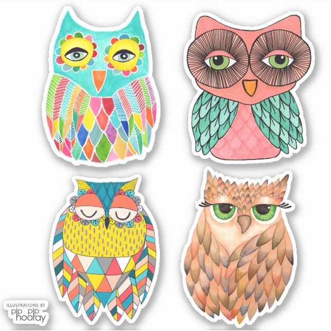 Owls Illustration Art Vinyl Sticker Set (Vorderseite)