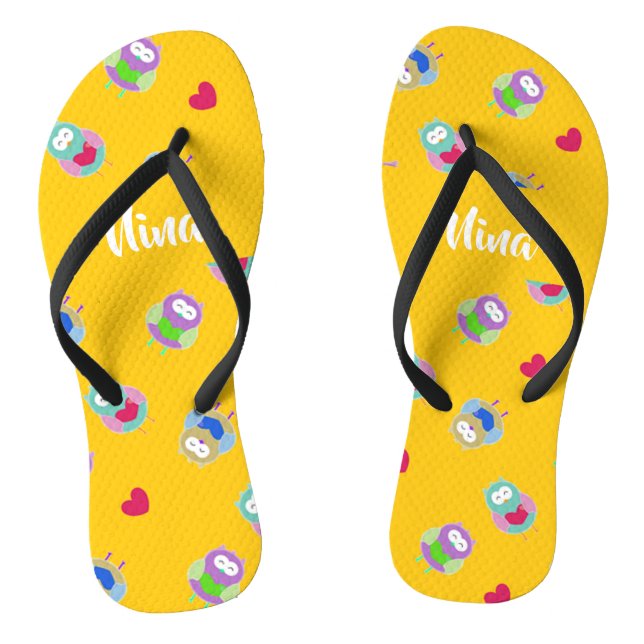 Owls mit Herzen auf Orange Flip Flops (Fußbett)