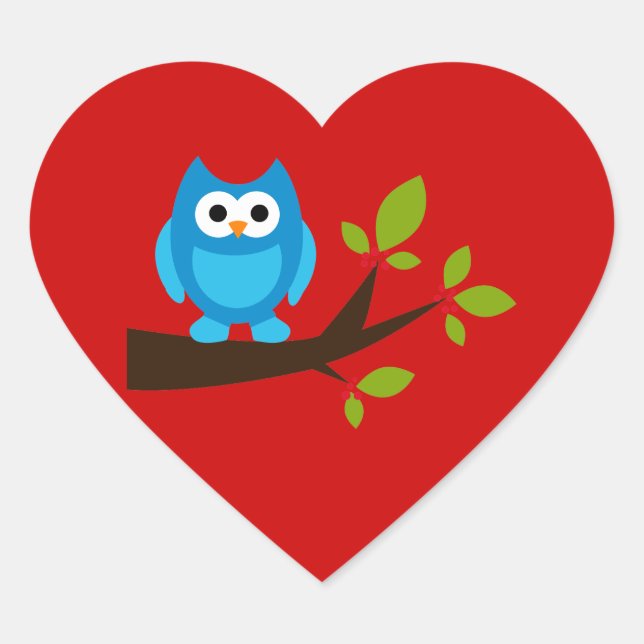 Owls Vögel Blaue Niedliche Bäume Cartoon Tier Herz-Aufkleber (Vorderseite)