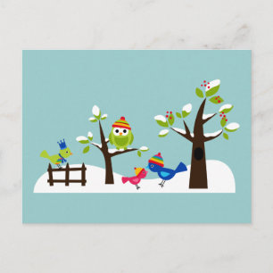 Owls Vögel Winter Schnee Niedlicher Baum Cartoon Postkarte