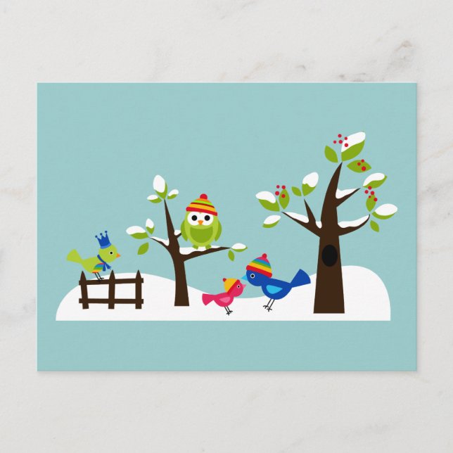 Owls Vögel Winter Schnee Niedlicher Baum Cartoon Postkarte (Vorderseite)