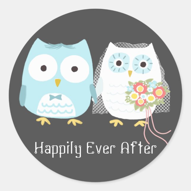 Owls Wedding Briand Groom Niedliche Newlyweds Runder Aufkleber (Vorderseite)