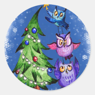 Owls Weihnachtsblau Runder Aufkleber