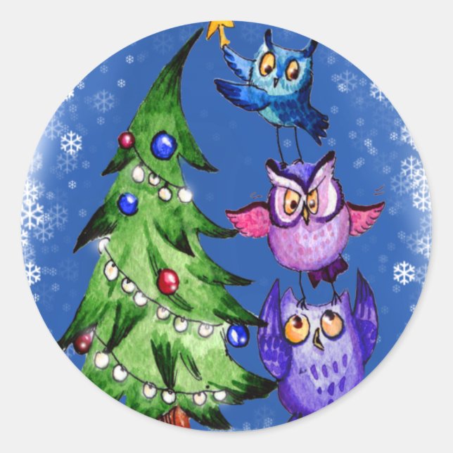 Owls Weihnachtsblau Runder Aufkleber (Vorderseite)