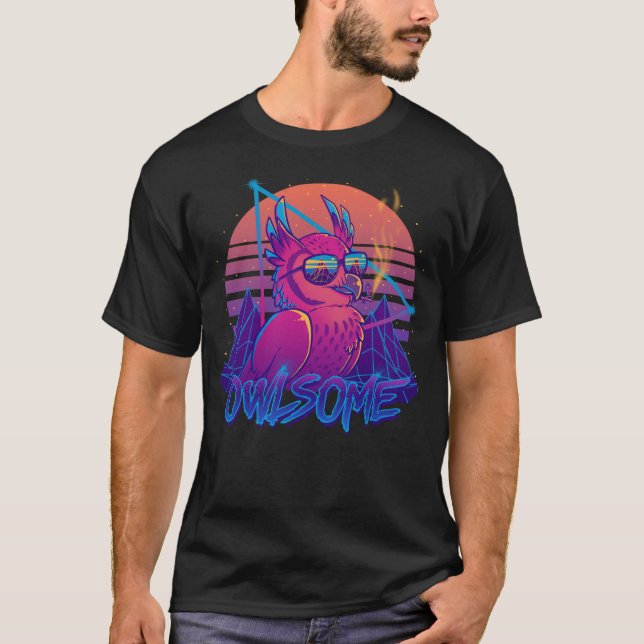 Owlsome - Eulen-fantastischer Vogel Retrowave 80er T-Shirt (Vorderseite)