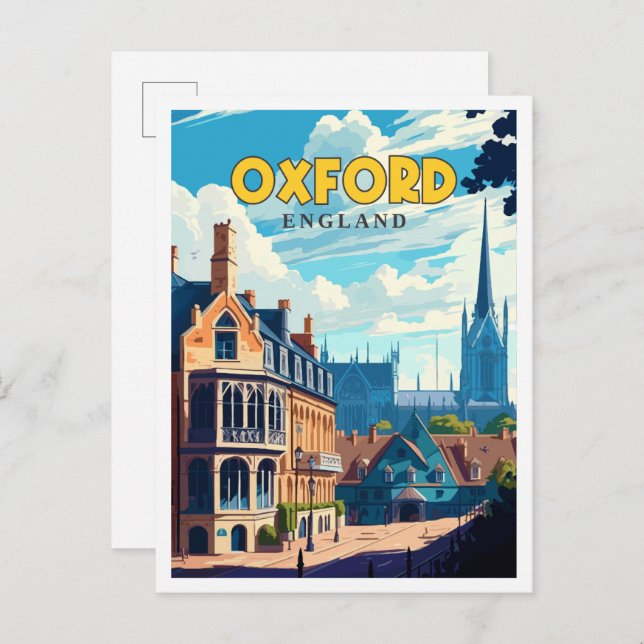 Oxford England Vintage Reise Illustration Postkarte (Vorne/Hinten)