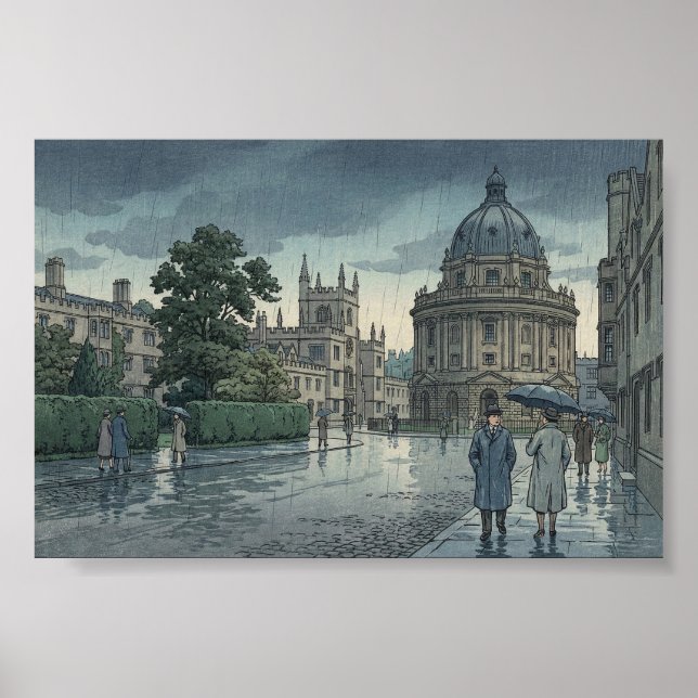 Oxford University in Rain Japanese Woodblock Print Poster (Vorne)
